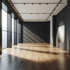 Obraz premium Modern empty gallery interior with mock up place on dark wall, wooden, flooring and windows with daylight. 3D Rendering. 