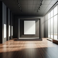 Modern empty gallery interior with mock up place on dark wall, wooden, flooring and windows with daylight. 3D Rendering.
