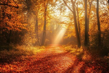 Golden Autumn Forest Path with Sunlight Rays and Foggy Atmosphere.