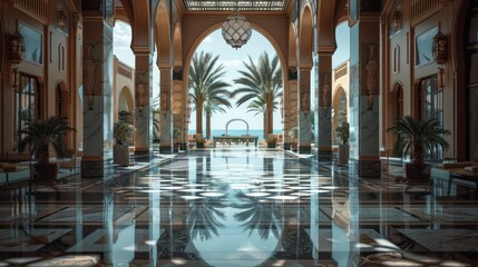 A View Through Arched Hallway Leading to Palm Trees and Ocean