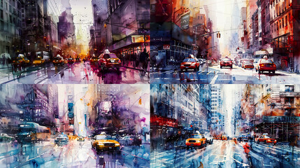 Urban cityscapes in watercolor, featuring layered washes that capture the hustle and bustle of city life with dynamic colors and textures