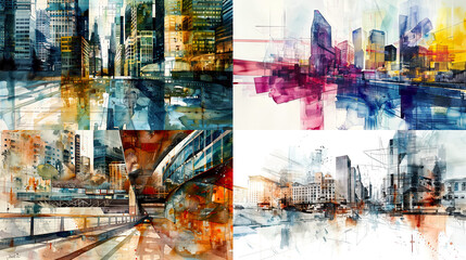 Urban renewal and modern architecture, portrayed through abstract watercolor interpretations of city growth