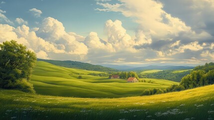 Obraz premium Rolling Green Hills with Houses and Fluffy Clouds in the Sky - Countryside Landscape Painting.