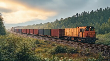 A train is traveling down a track through a forest