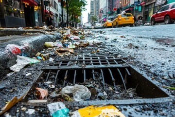 A clogged drain in a city street, overflowing with trash and debris, highlighting the impact of littering