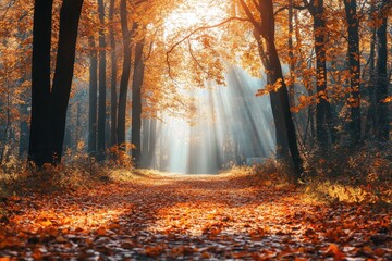 Sunbeams Through Autumn Forest Path with Golden Leaves.