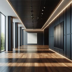 Obraz premium Modern empty gallery interior with mock up place on dark wall, wooden, flooring and windows with daylight. 3D Rendering. 