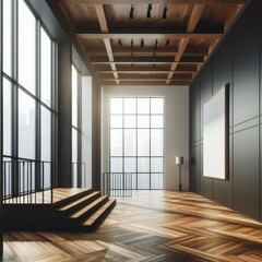 Fototapeta premium Modern empty gallery interior with mock up place on dark wall, wooden, flooring and windows with daylight. 3D Rendering. 