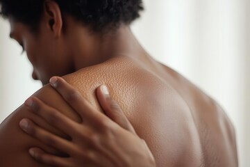 Close-up of a person's bare back and shoulder with hand, highlighting smooth skin texture in natural light.