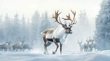 Obraz premium Majestic Reindeer Leads Herd Across Snowy Landscape