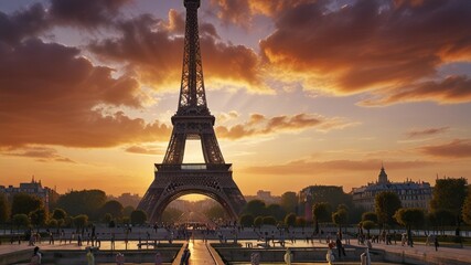 Naklejka premium A vibrant sunset over the Eiffel Tower in an artsy Parisian landscape.