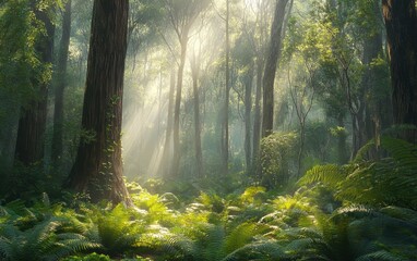 Fototapeta premium Sunbeams Through Lush Green Forest With Ferns And Trees.