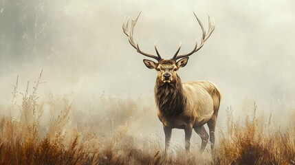 Fototapeta premium Majestic Stag in Misty Meadow: A Breathtaking Nature Photograph