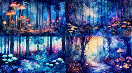 Vibrant watercolor washes of an enchanted forest with glowing mushrooms, dynamic blues and purples, creating a lively and magical scene 