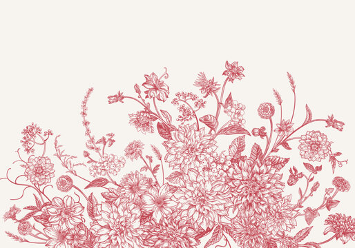 Vintage card with garden flowers in engraving style. Bouquet with chrysanthemums, dahlias, dogwood berries, zinnias, spikelets. Vector botanical detailed illustration. Red.