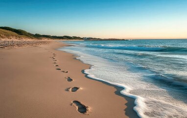 Footprints in the Sand on a Sandy Beach with Foamy Waves and a Clear Blue Sky
