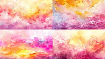 Vibrant watercolor washes of dreamy skies, dynamic pinks and yellows, creating a lively and artistic sky scene 