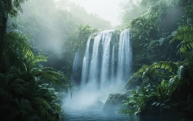 Lush Rainforest Waterfall with Misty Atmosphere and Tropical Plants.