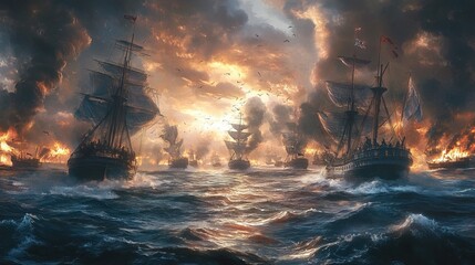 Obraz premium Naval Fleet Battle: A Dramatic Scene of Sea Warfare