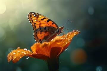 Orange Butterfly on a Flower with Dew Drops - Macro Photography.