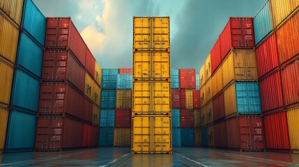 Fototapeta premium A large stack of containers with a yellow container in the middle