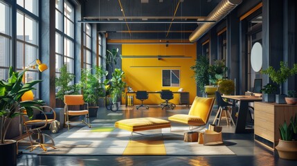 A modern creative office background with a spacious layout, ergonomic furniture, and vibrant decor elements that inspire productivity and innovation, creating an energetic and dynamic workspace