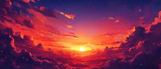Fototapeta premium Romantic Red Sunset in Japanese Anime Style with Clouds and Stars Digital Artwork