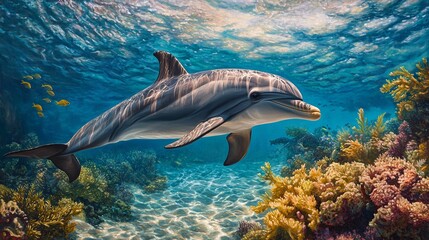 Fototapeta premium Graceful Dolphin Swimming in Crystal Clear Water