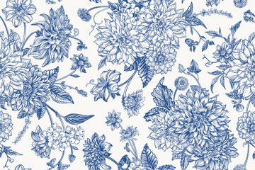 Seamless autumn floral pattern with dahlias, chrysanthemums, asters, zinnias, dogwood berries. Blue