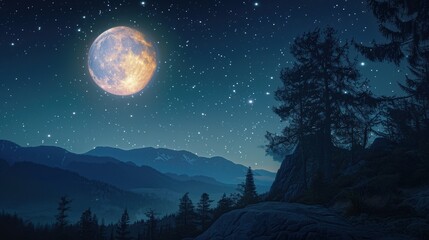 A captivating night background with a clear starry sky, a full moon casting a soft glow, and silhouettes of trees and mountains creating a tranquil and mysterious ambiance