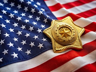 Close-up of a gold-colored United States law enforcement badge on a waving American flag, symbolizing national pride, authority, and protection.