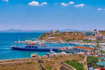 Bozcaada View of the port, fortress, Aegean Sea, promenade, shops and restaurants.