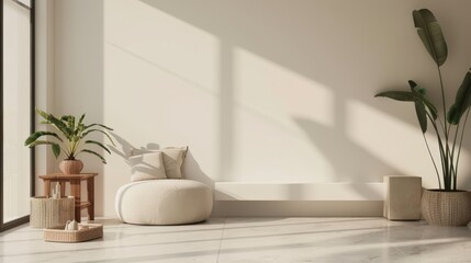 Fototapeta premium A minimalist background with clean lines and a neutral color palette, featuring simple furniture and decor elements, creating an uncluttered and sophisticated aesthetic that emphasizes functionality