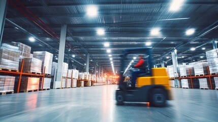 A forklift is driving through a warehouse with many pallets stacked up