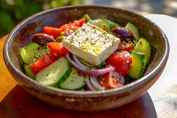 Fresh Greek salad with crisp vegetables, feta cheese, and olives, served in a bowl with a drizzle of olive oil