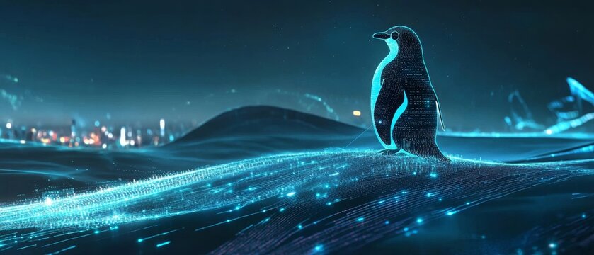 Open-Source Power: Digital Landscape with Linux Penguin Integration Signifying Stability