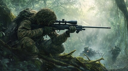Camouflaged Soldier Crouching in Combat Gear - Military Photography