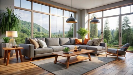 Cozy modern living room with large windows, sleek grey sofa, wooden coffee table, and plenty of natural light, perfect for relaxing and socializing.