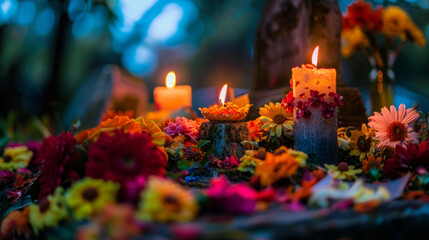 Candlelit altar with flowers and skull for All Saints' Day