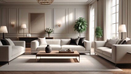 Sun-drenched modern living room with plush sofa, chic furniture, and minimalist decor