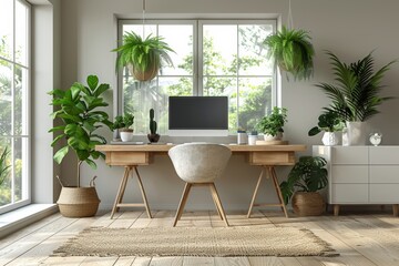 Modern home office with stylish furniture, sleek computer and comfort in a modern workspace. Generative AI