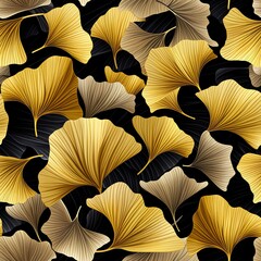 Golden Gingko Leaves on a dark background, Gingko Background, Floral Background, Luxury Texture, Seamless Pattern, Floral Background, Wallpaper