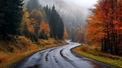 Fototapeta premium Beautiful mountain roads in autumn, fog