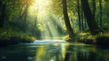 Fototapeta premium Sunbeams through the Forest, River in the Woods, Green Landscape, Nature Photography.