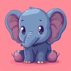 Fototapeta premium Cute cartoon elephant character with big ears and bright eyes on a pink background.