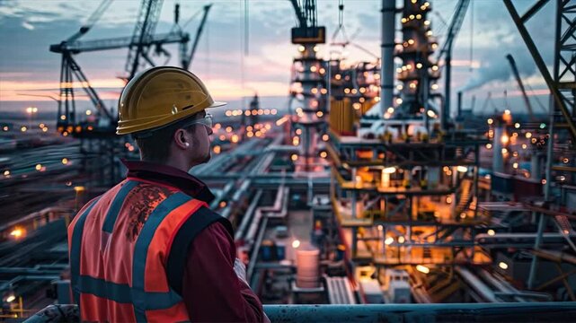Industrial ballet: Men in hard hats navigate steel jungles, balancing on sky-high stages