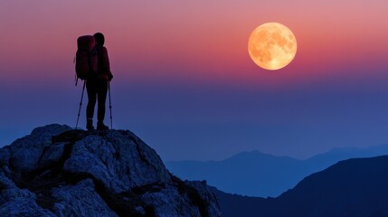 Fototapeta premium Silhouette of a Hiker on a Mountaintop with a Full Moon in the Sky.
