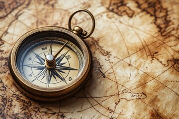 Antique Brass Compass on Vintage World Map - Navigation, Exploration, Adventure Concept.