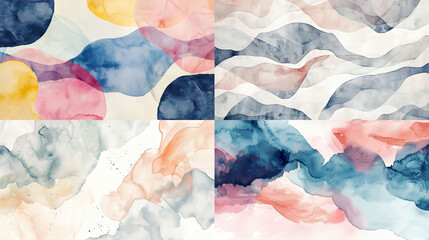 Watercolor abstract patterns in minimalist designs, subtle hues, and clean, uncluttered aesthetics 