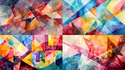 Watercolor abstract patterns on geometric abstractions, precise angles, and structured forms 